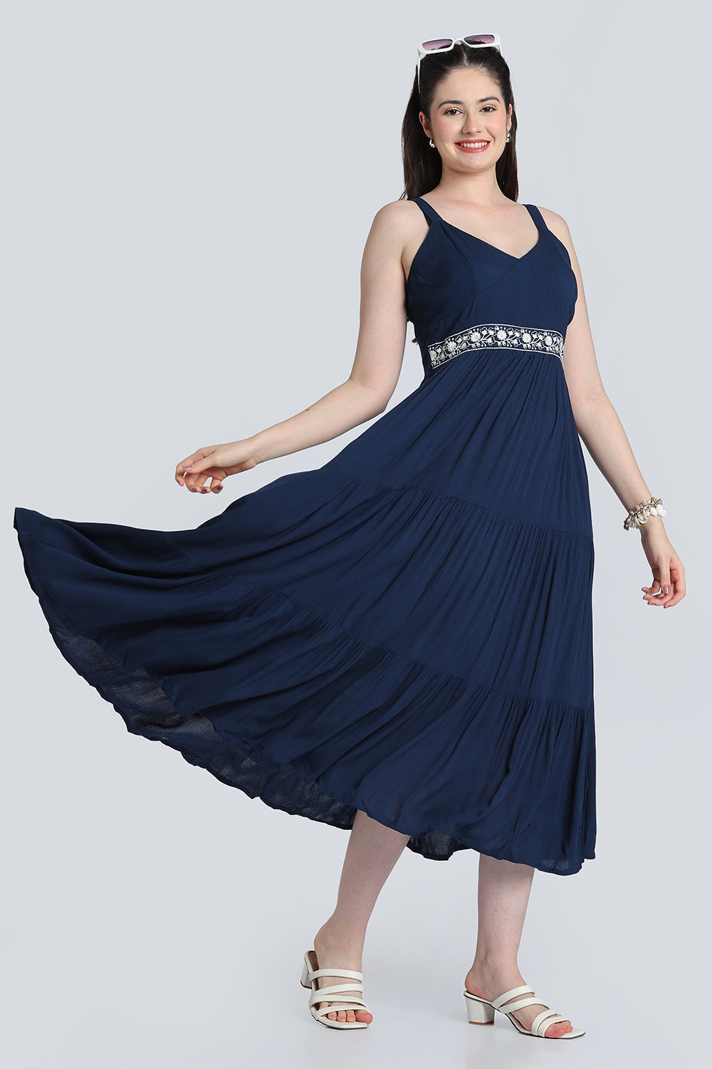 Navy Embroidered Flare Dress for Women - Image 1