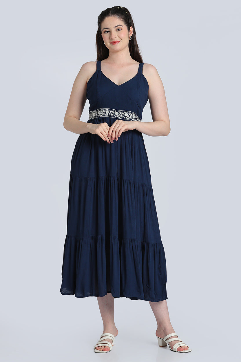 Navy Embroidered Flare Dress for Women - Image 2