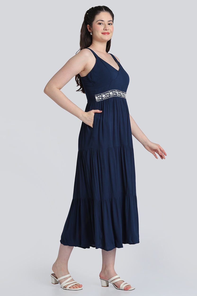 Navy Embroidered Flare Dress for Women - Image 4