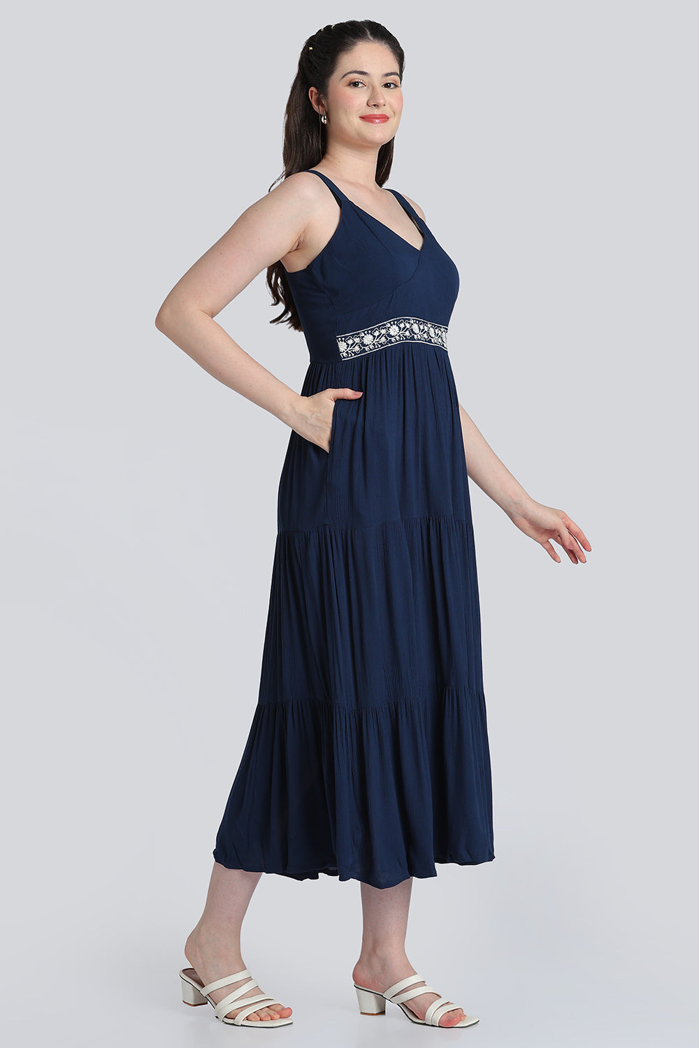 Navy Embroidered Flare Dress for Women - Image 4