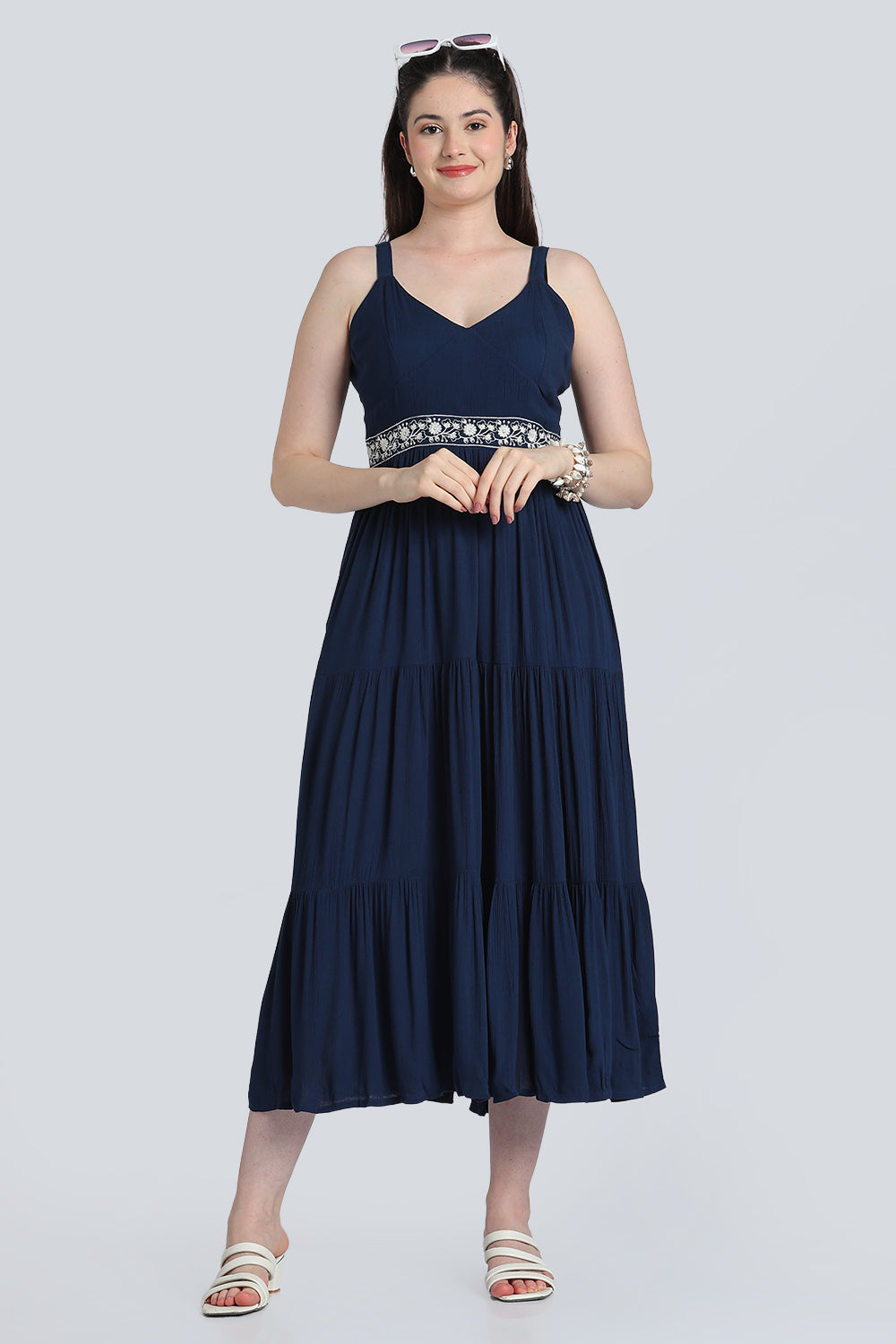Navy Embroidered Flare Dress for Women - Image 6