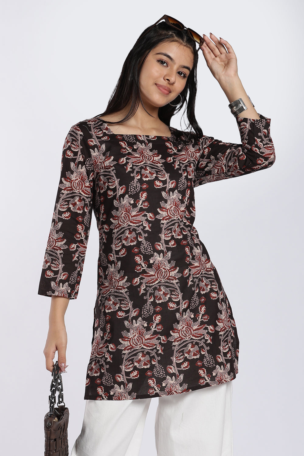Black Floral Printed Flared Tunic for Women - Image 1