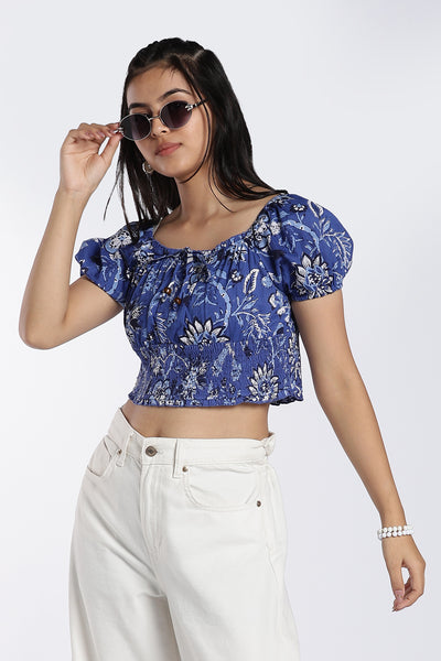 Blue Floral Printed Crop Top