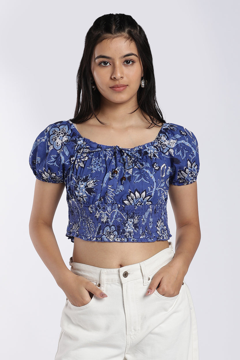 Blue Floral Printed Crop Top for Women - Image 2