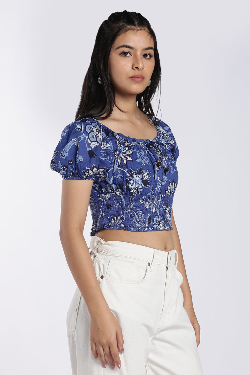 Blue Floral Printed Crop Top for Women - Image 4