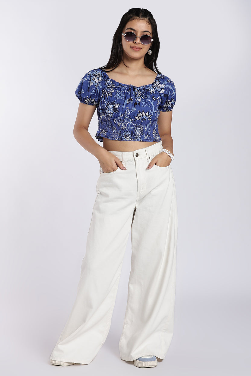 Blue Floral Printed Crop Top for Women - Image 6