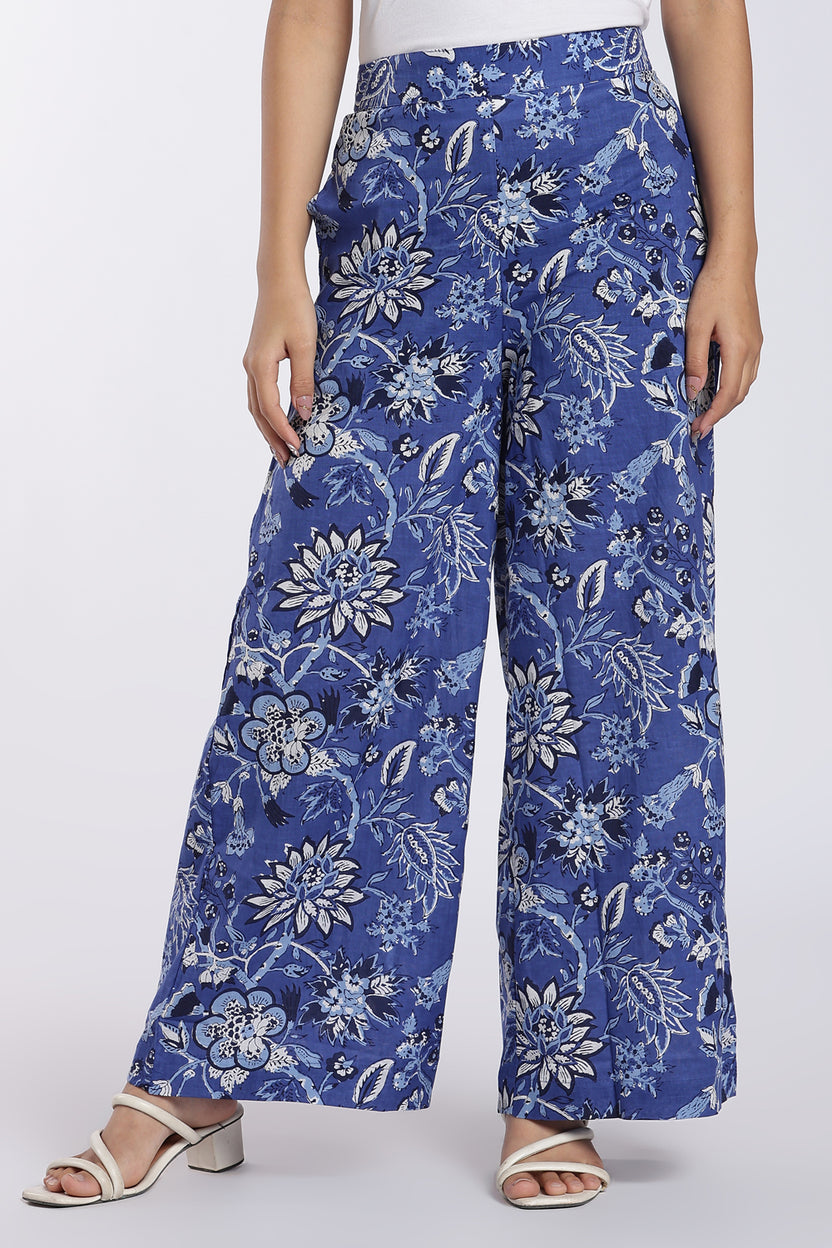 Blue Floral Printed Wide-Leg Palazzo for Women - Image 1