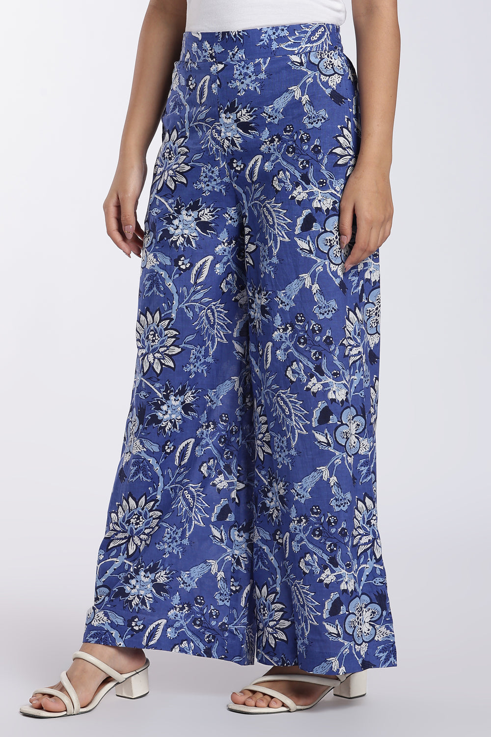 Blue Floral Printed Wide-Leg Palazzo for Women - Image 2