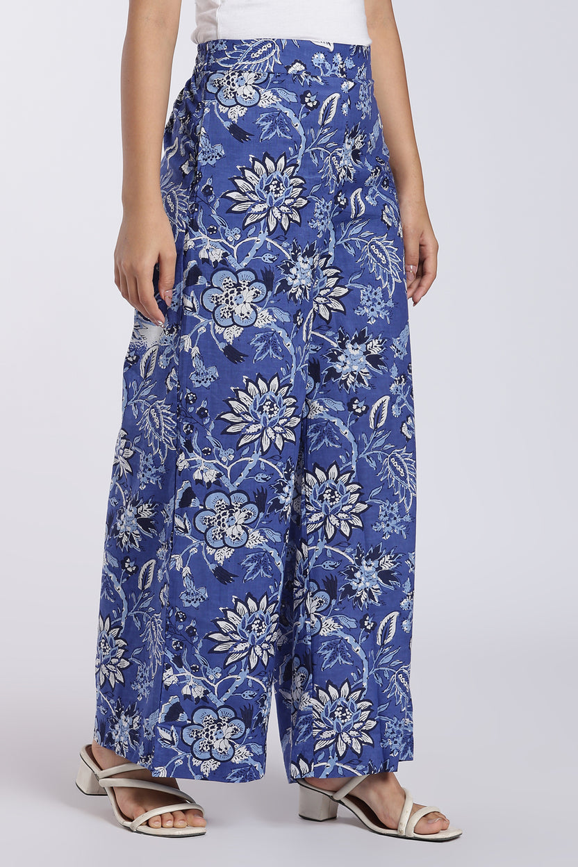 Blue Floral Printed Wide-Leg Palazzo for Women - Image 4