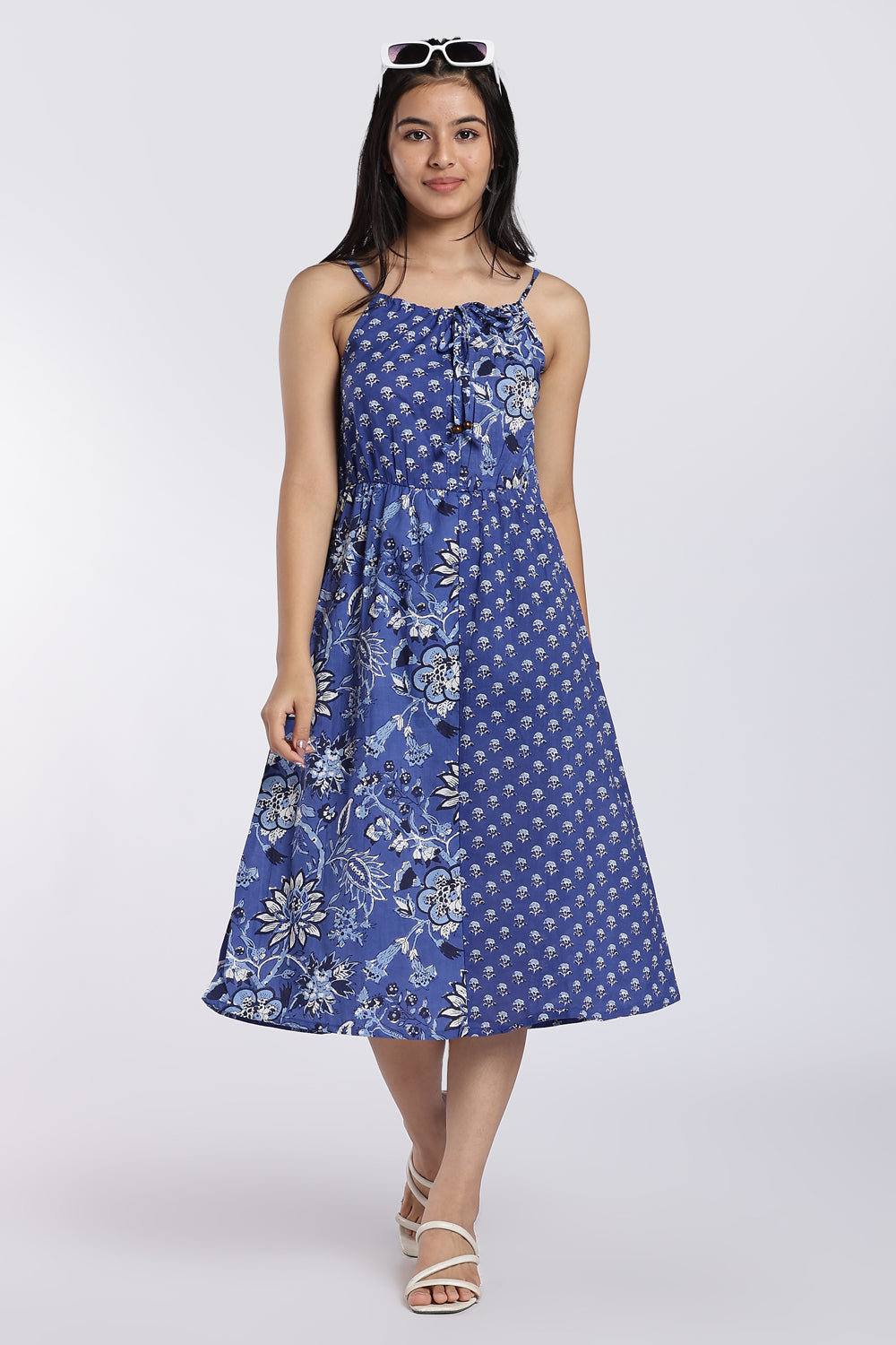 Blue Floral & Geometric Printed Midi Dress for Women - Image 1