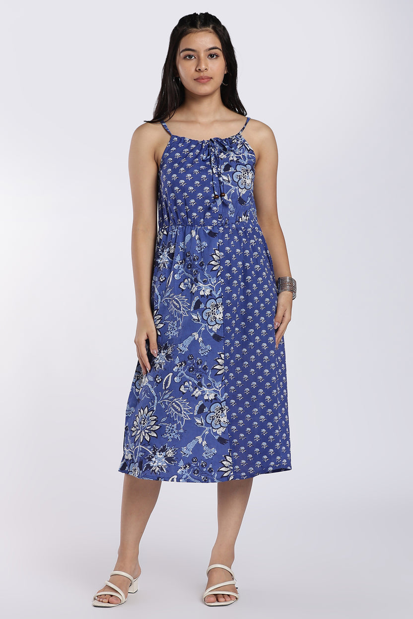 Blue Floral & Geometric Printed Midi Dress for Women - Image 2