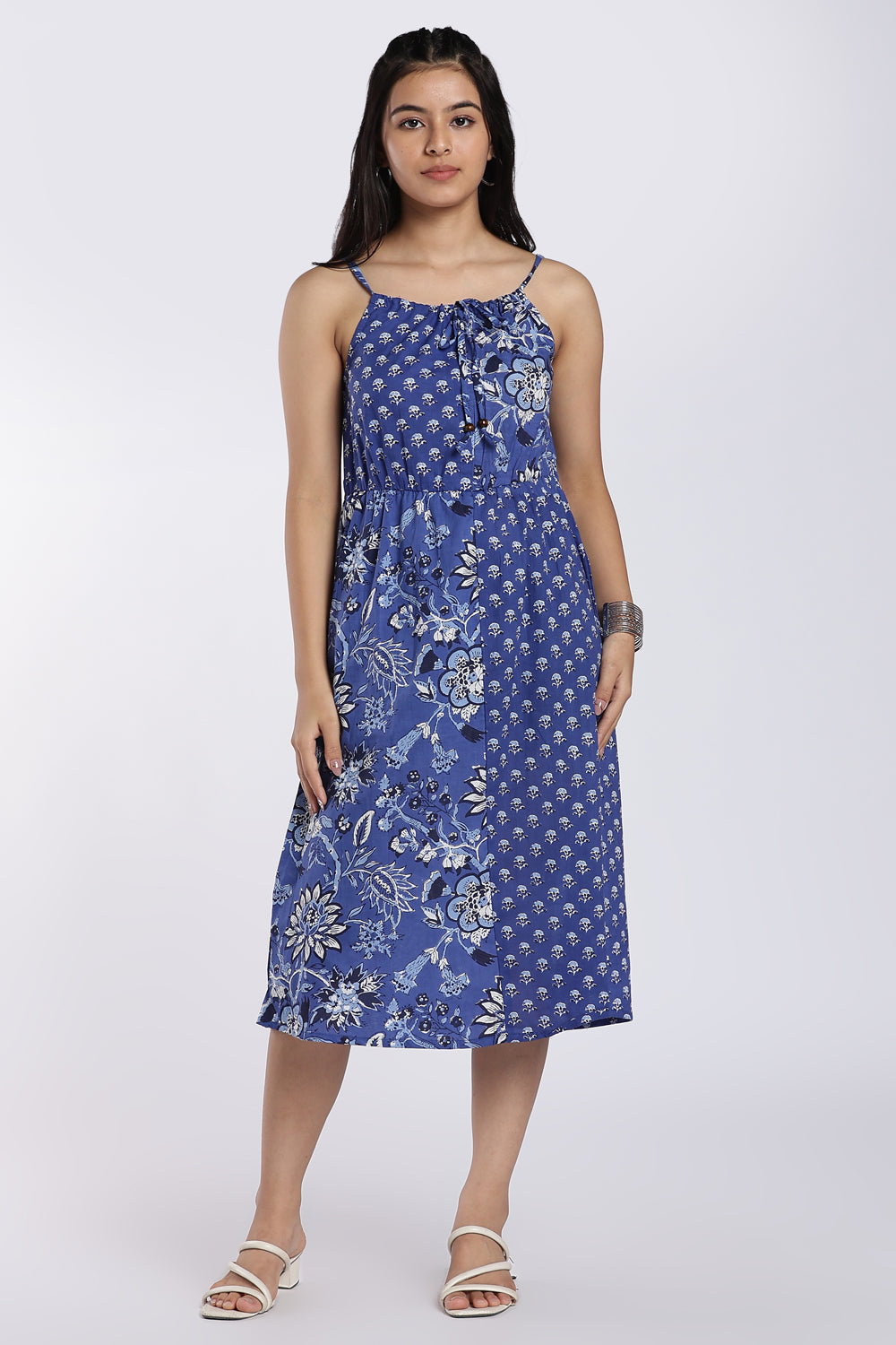 Blue Floral & Geometric Printed Midi Dress for Women - Image 2