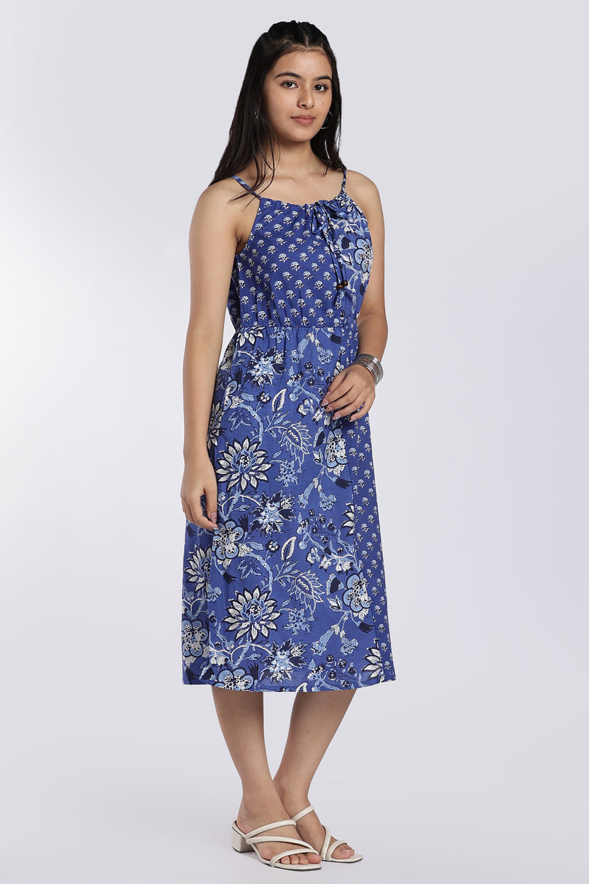 Blue Floral & Geometric Printed Midi Dress for Women - Image 4