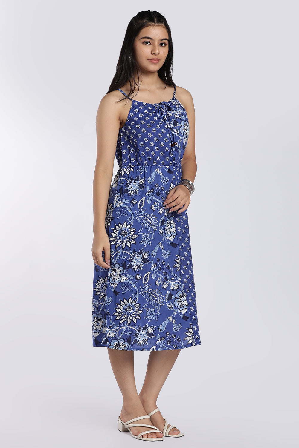 Blue Floral & Geometric Printed Midi Dress for Women - Image 4
