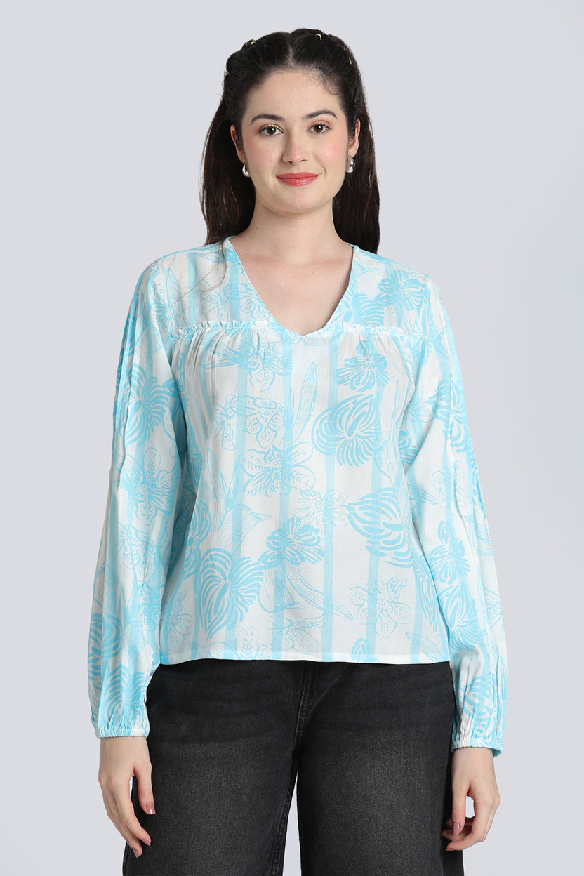 Blue Gathered Bishop Sleeves Tunic for Women - Image 2