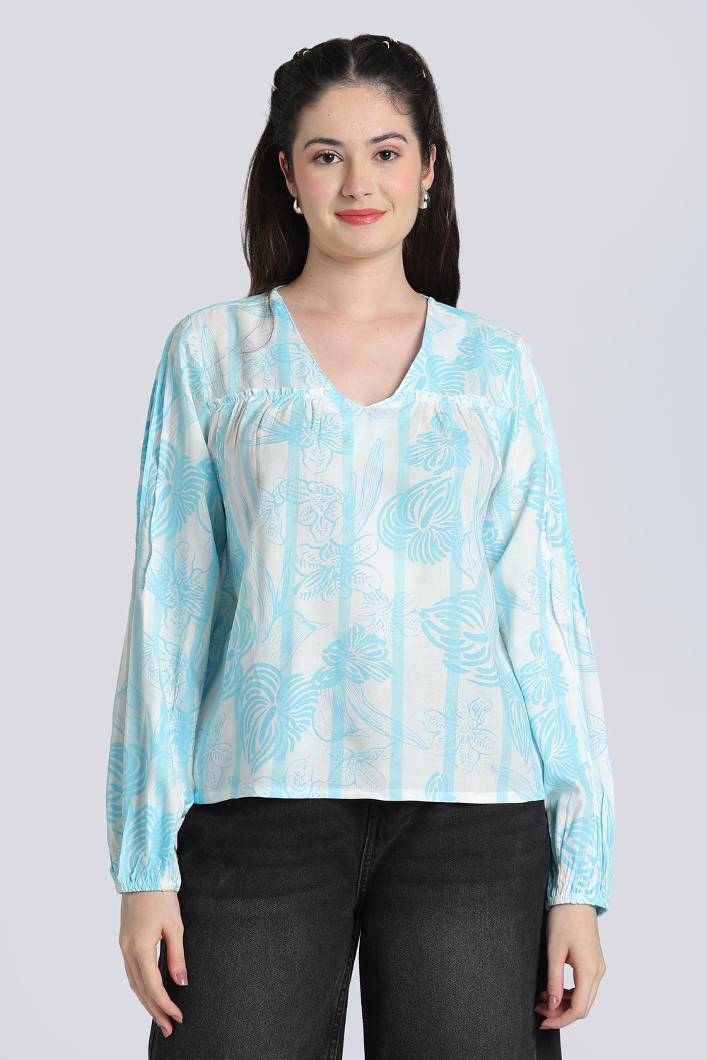 Blue Gathered Bishop Sleeves Tunic for Women - Image 2