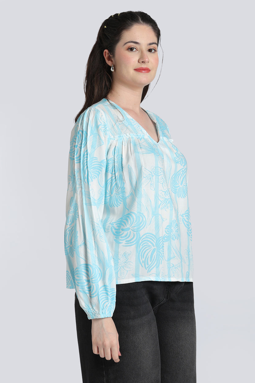 Blue Gathered Bishop Sleeves Tunic for Women - Image 4
