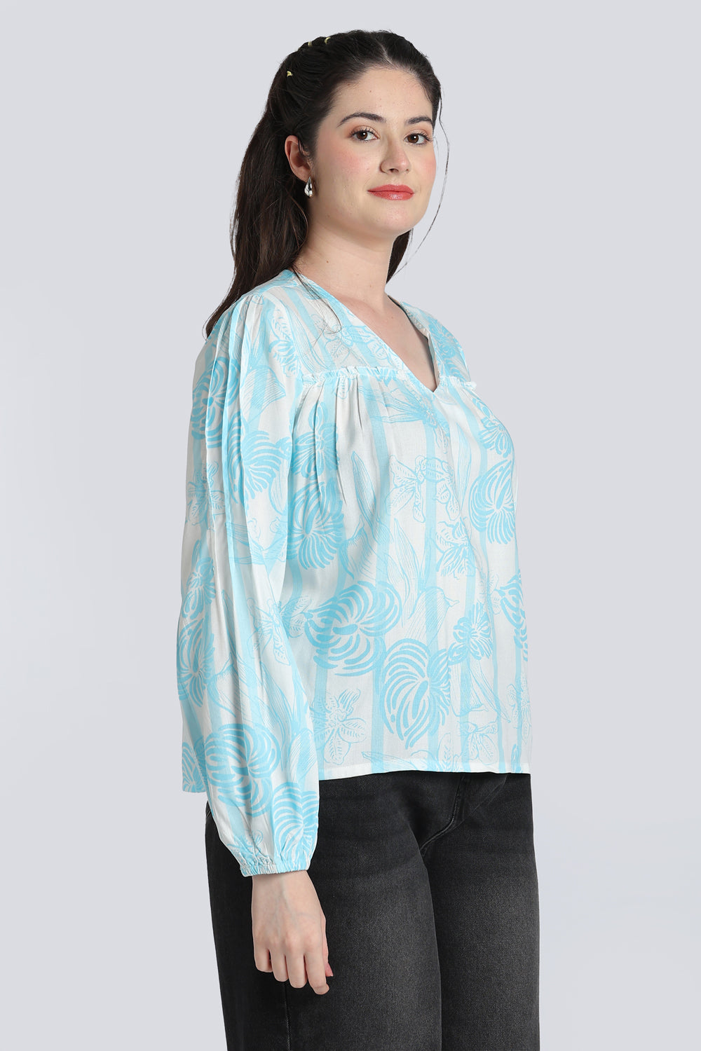 Blue Gathered Bishop Sleeves Tunic for Women - Image 4