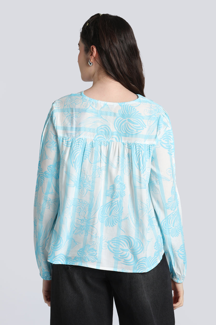 Blue Gathered Bishop Sleeves Tunic for Women - Image 5