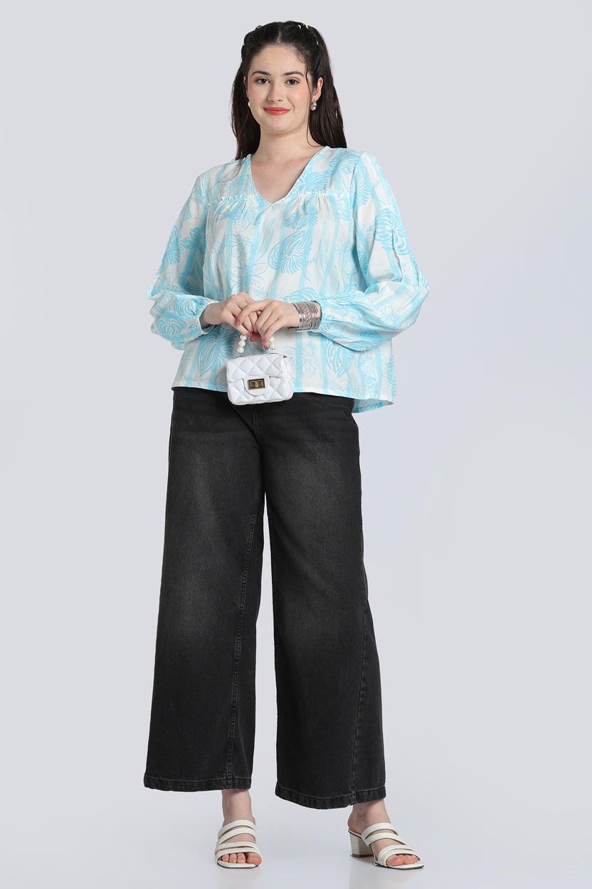 Blue Gathered Bishop Sleeves Tunic for Women - Image 6
