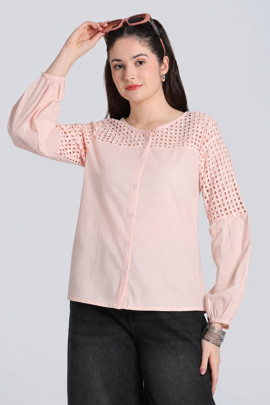 Peach Bishop Sleeves Regular Fit Top for Women - Image 1