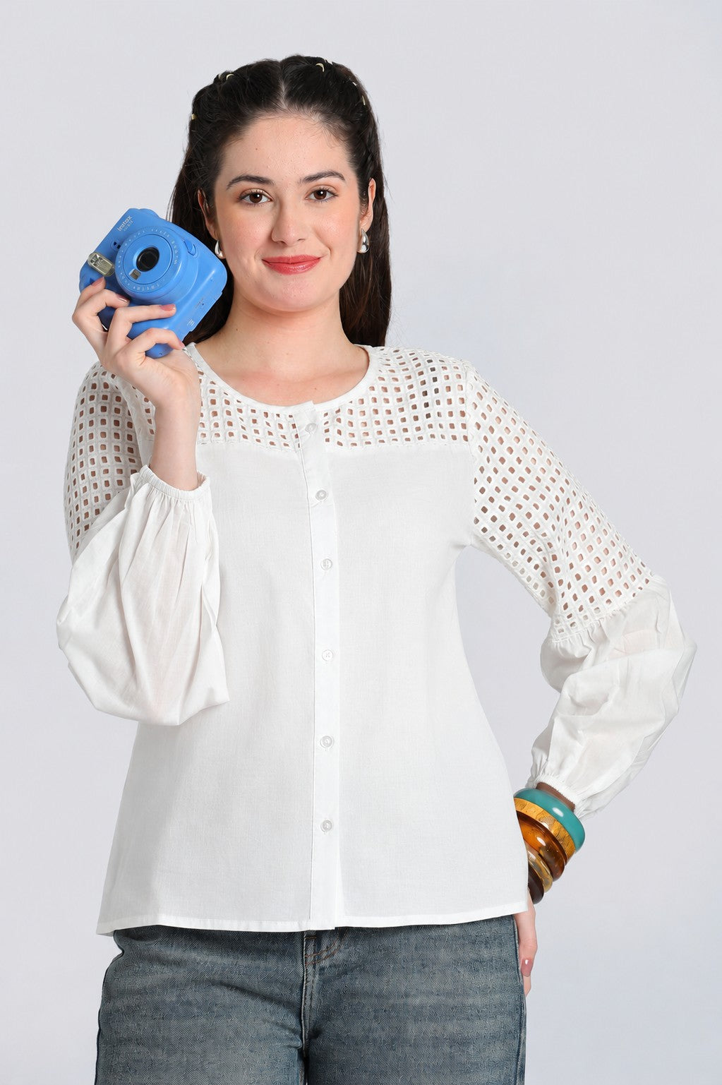 White Bishop Sleeves Regular Fit Top for Women - Image 1