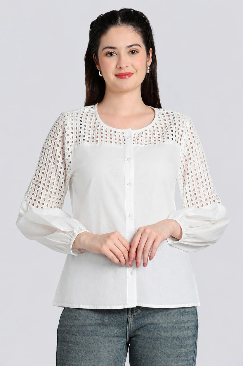White Bishop Sleeves Regular Fit Top for Women - Image 2