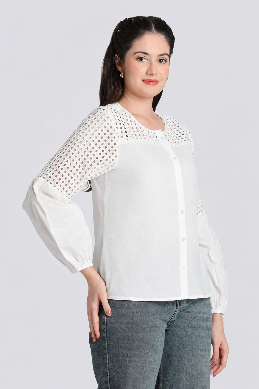 White Bishop Sleeves Regular Fit Top for Women - Image 4