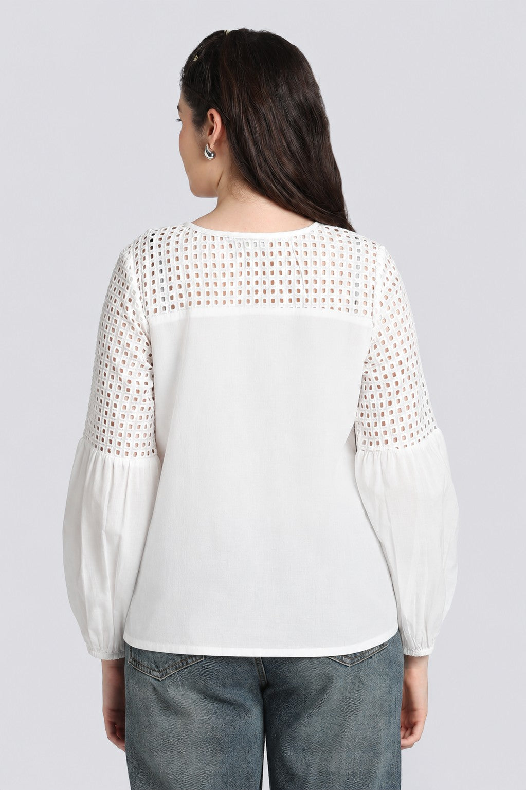 White Bishop Sleeves Regular Fit Top for Women - Image 5