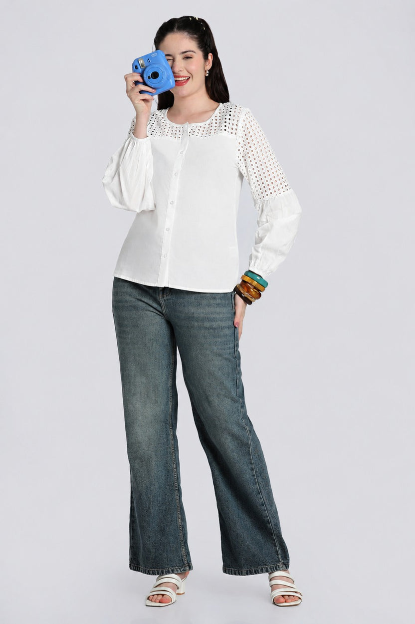White Bishop Sleeves Regular Fit Top for Women - Image 6