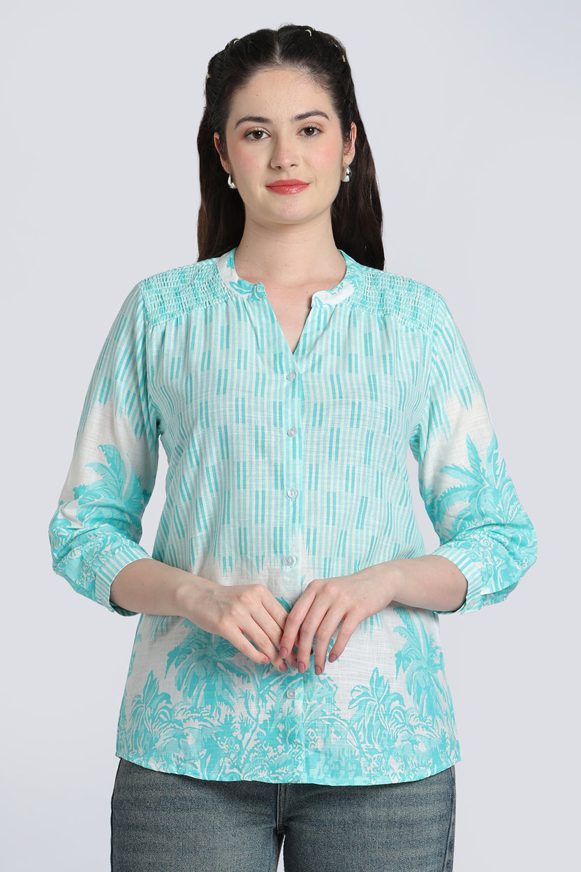 Blue Botanical Print Cotton Tunic for Women - Image 2