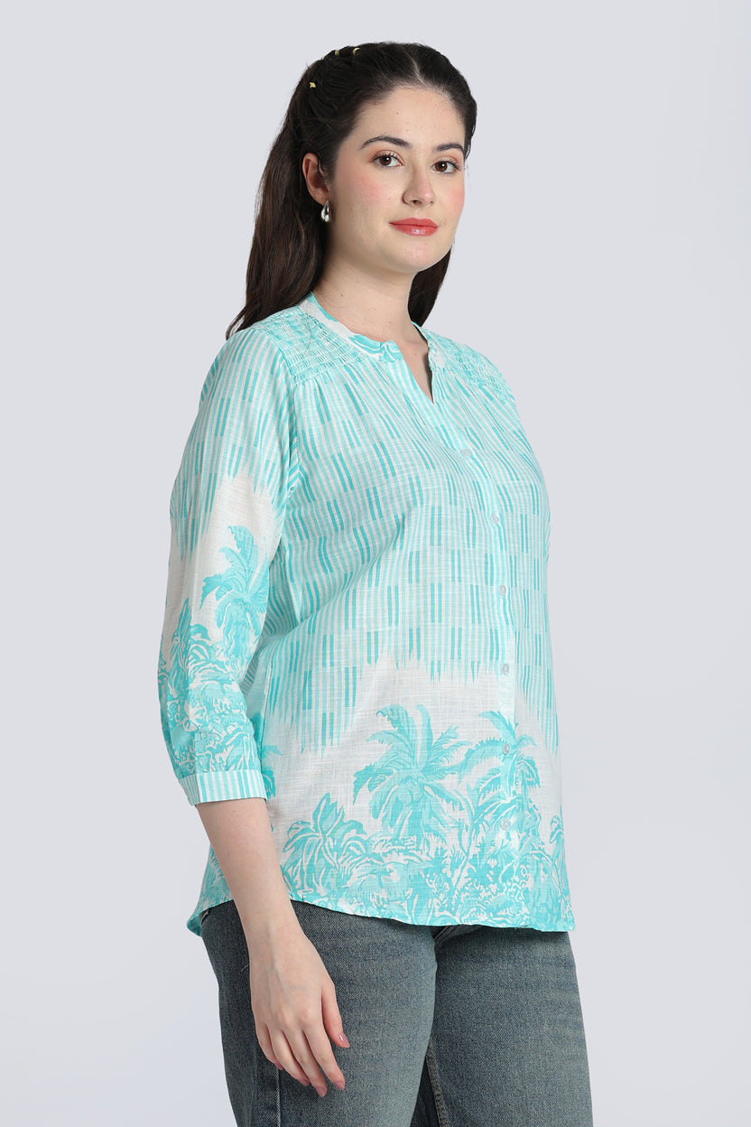 Blue Botanical Print Cotton Tunic for Women - Image 4