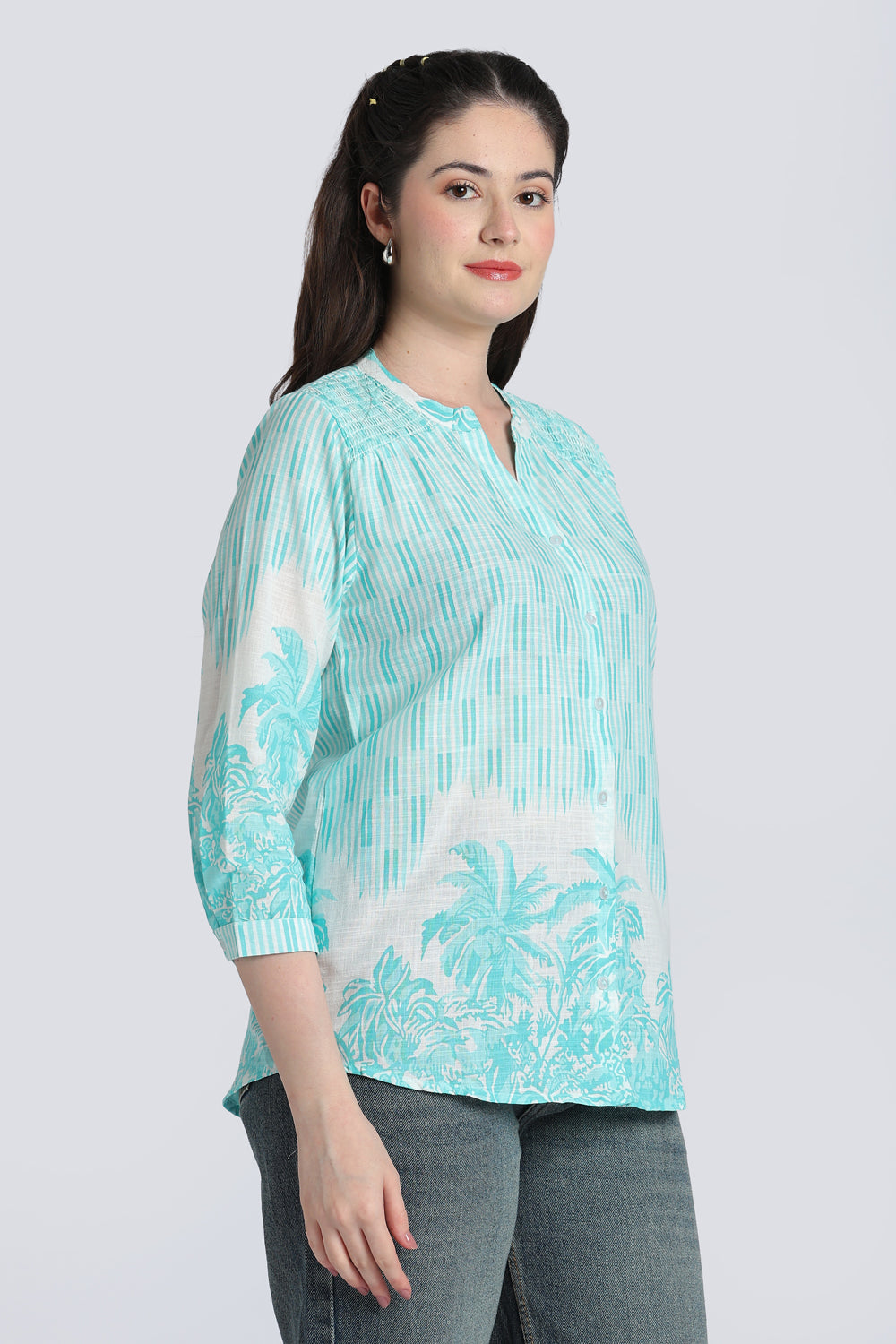 Blue Botanical Print Cotton Tunic for Women - Image 4