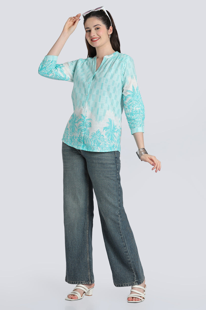 Blue Botanical Print Cotton Tunic for Women - Image 6