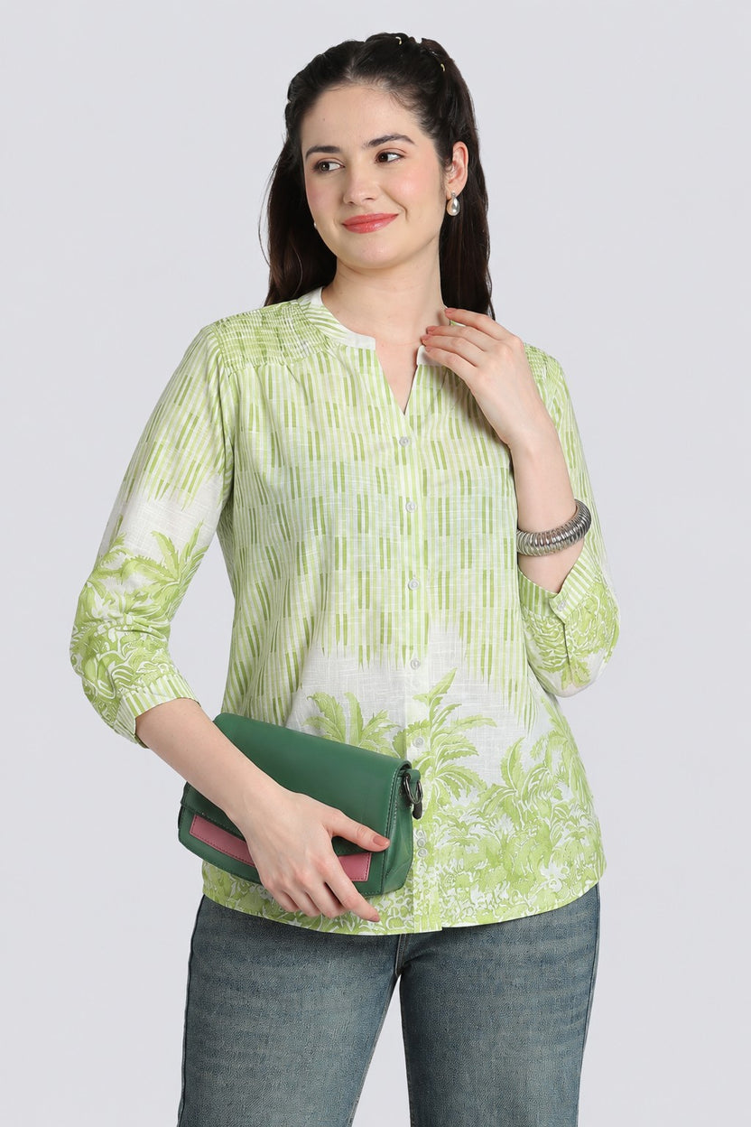 Lime Botanical Print Regular Fit Top for Women - Image 1