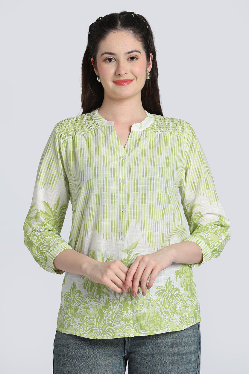 Lime Botanical Print Regular Fit Top for Women - Image 2
