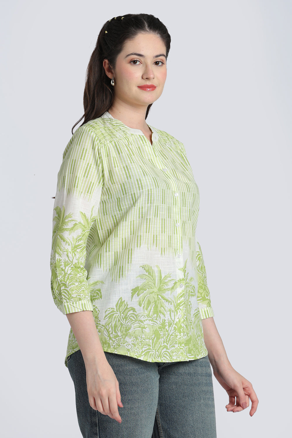 Lime Botanical Print Regular Fit Top for Women - Image 4