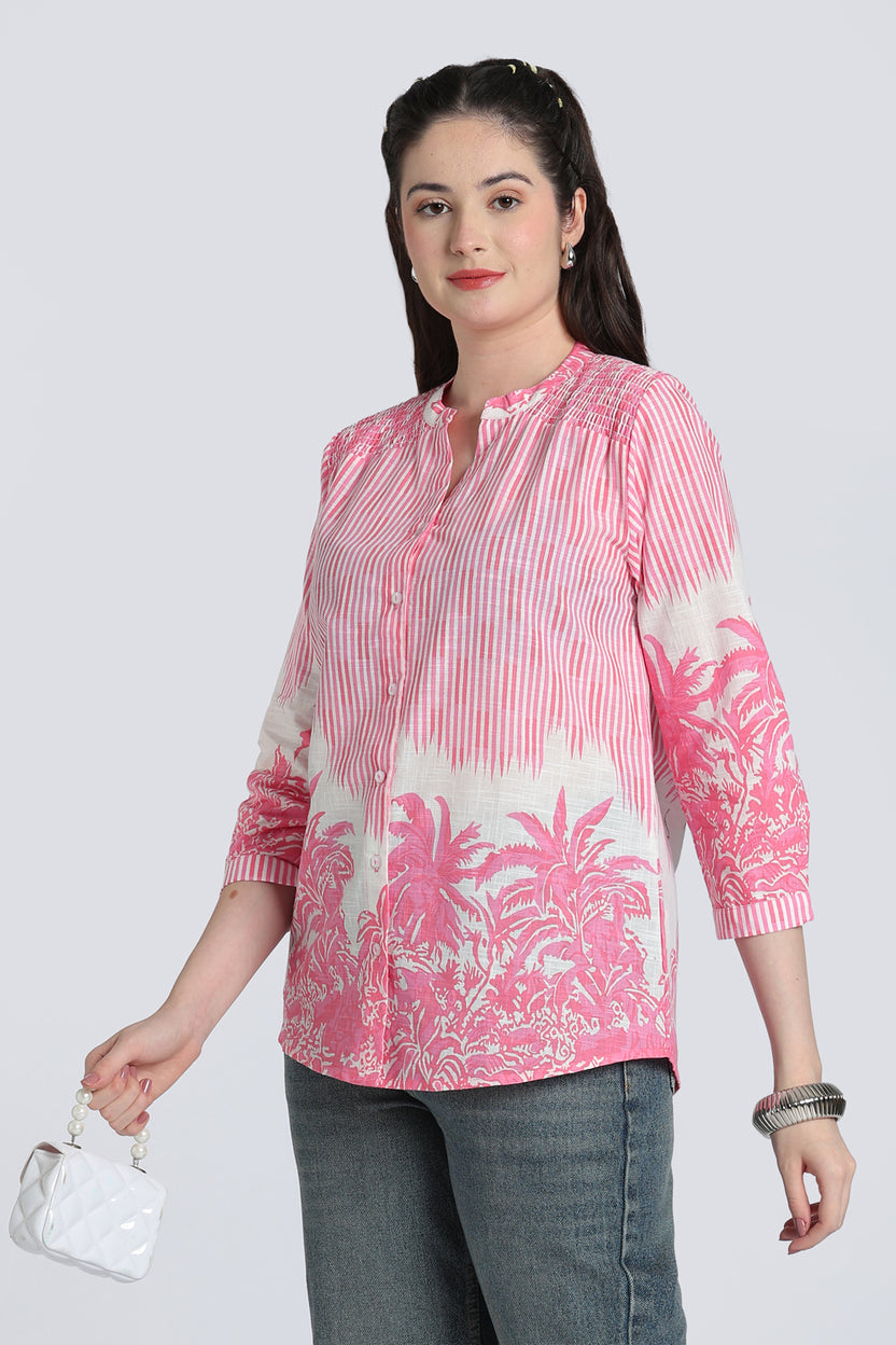 Pink Botanical Print Cotton Tunic for Women - Image 1