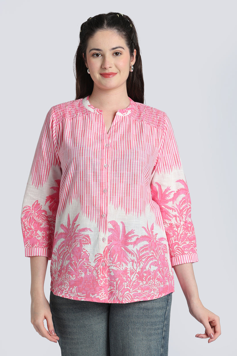 Pink Botanical Print Cotton Tunic for Women - Image 2