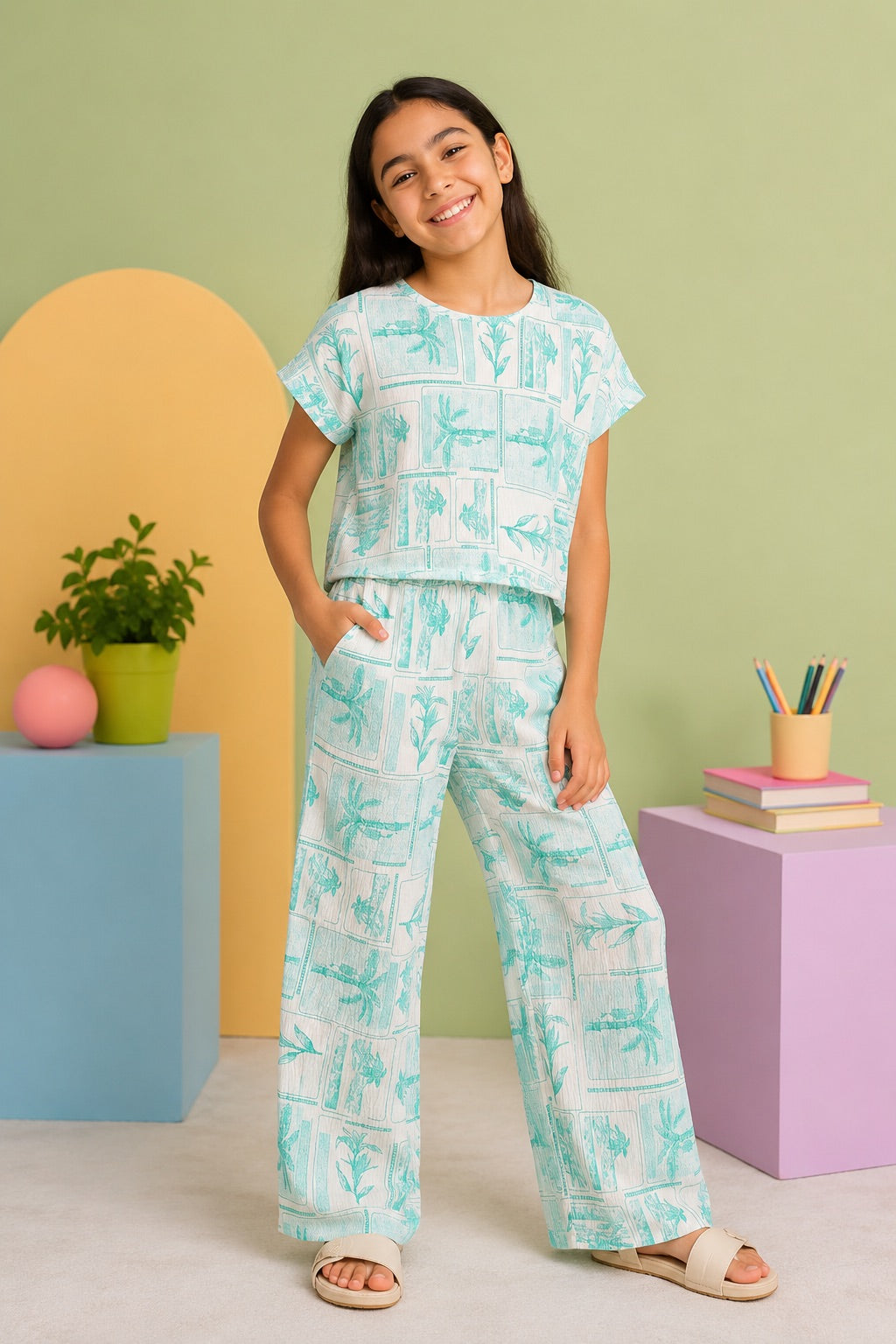 Green Tropical Theme Regular Fit Co-ord Set for Tweens Girls - Image 1