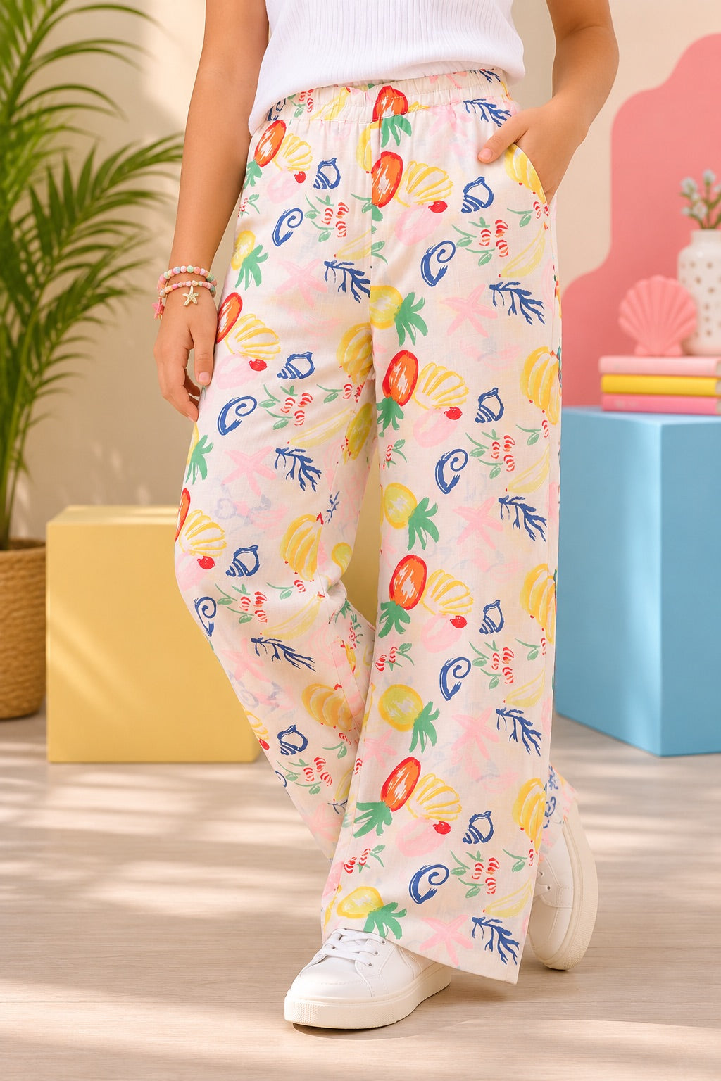 Multi-coloured Fruits Printed Regular Fit Pant for Tweens Girls - Image 1