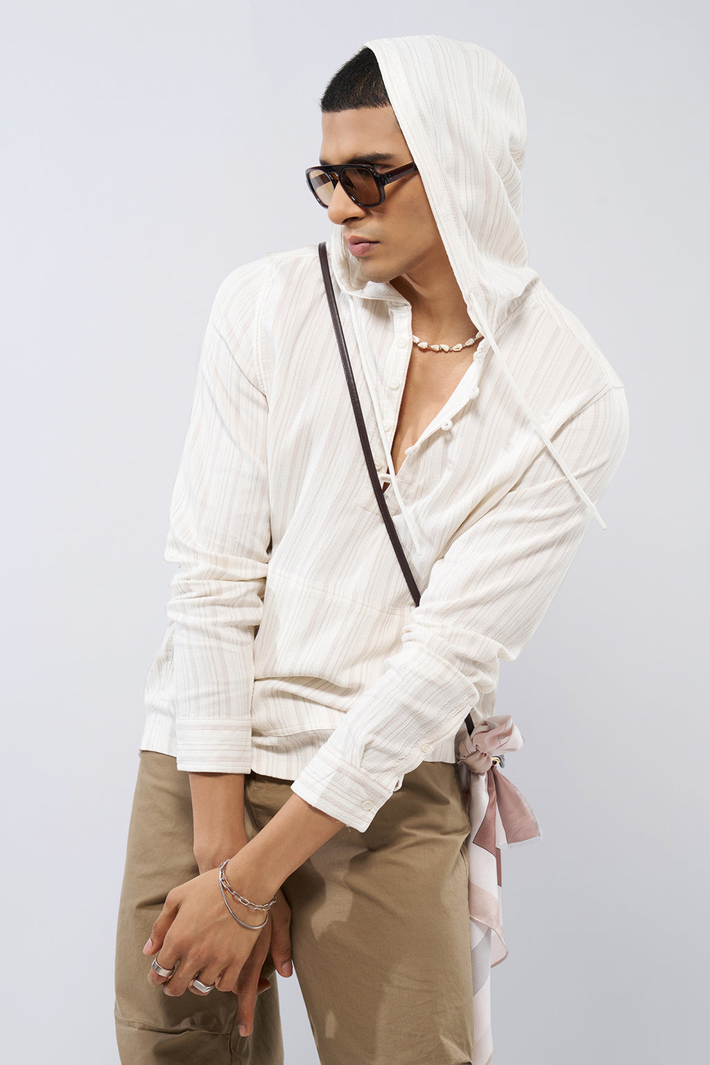 Off White Striped Regular Fit Hooded Shirt for Men - Image 1