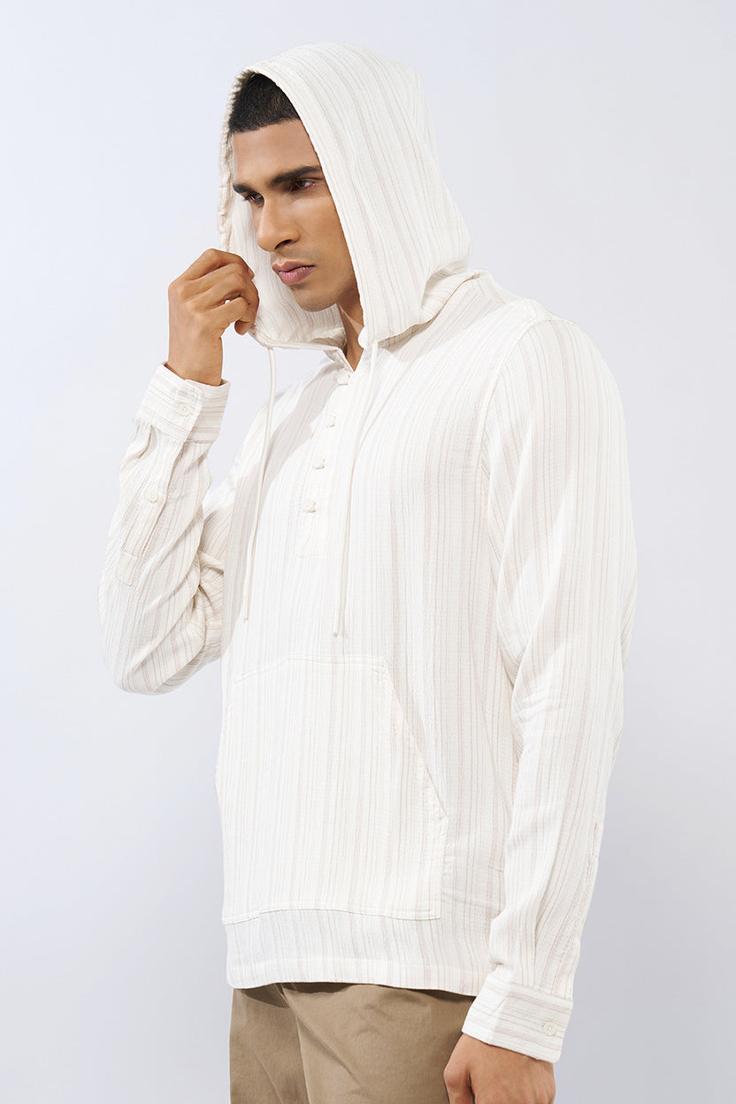 Off White Striped Regular Fit Hooded Shirt For Men - Image 4