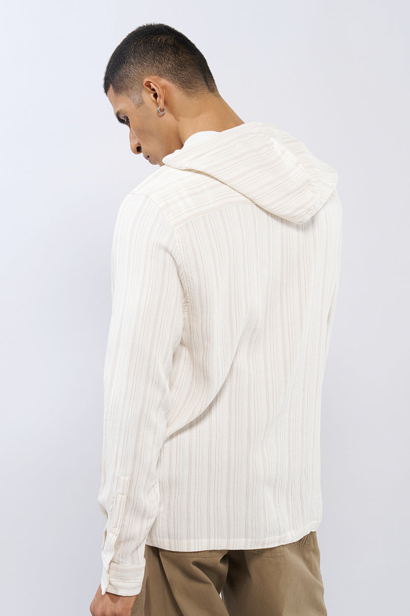 Off White Striped Regular Fit Hooded Shirt For Men - Image 5