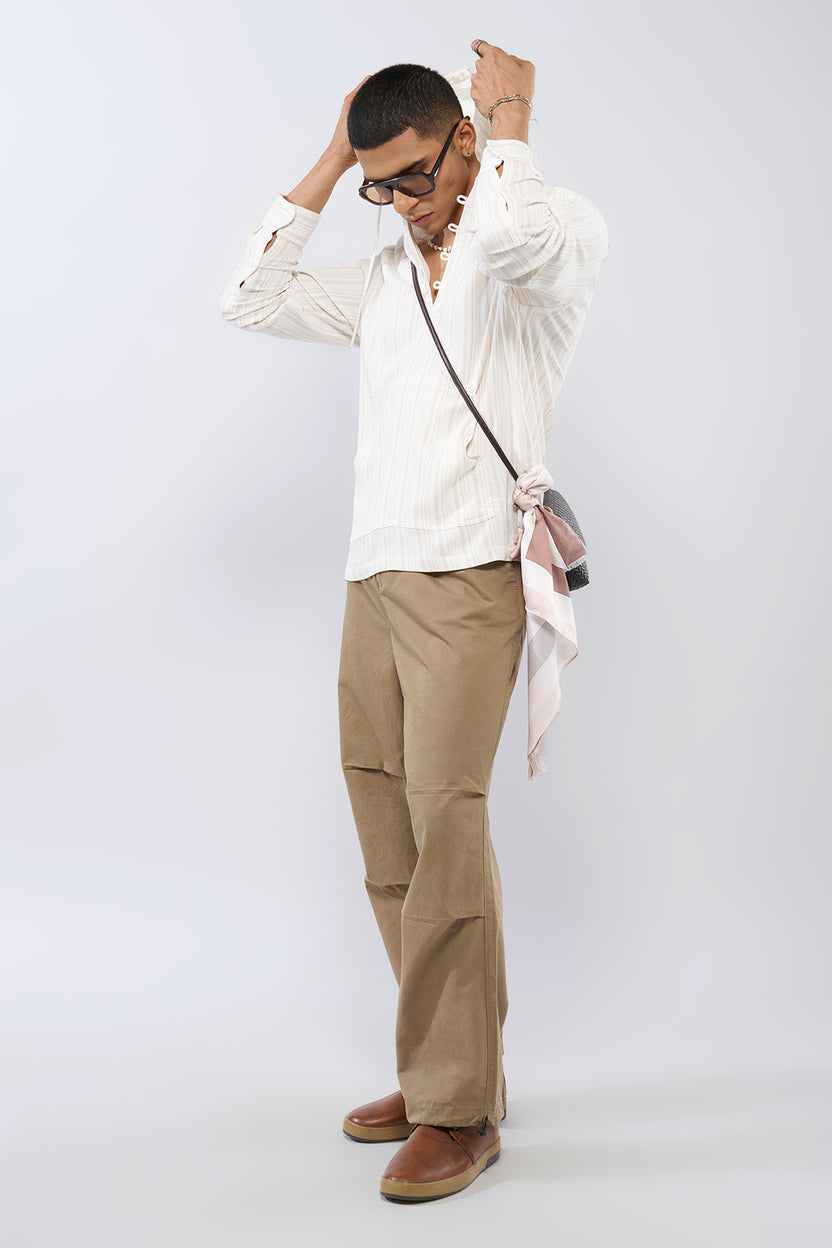 Off White Striped Regular Fit Hooded Shirt For Men - Image 6