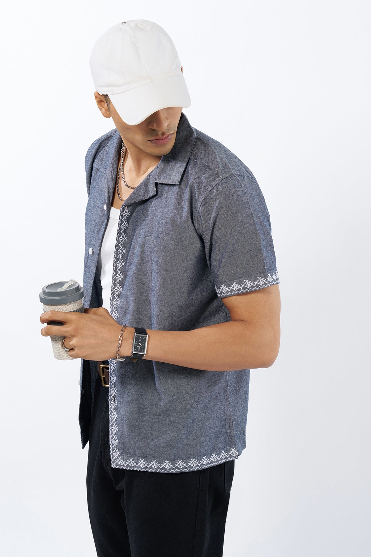 Blue Embroidered Regular Fit Shirt for Men - Image 1