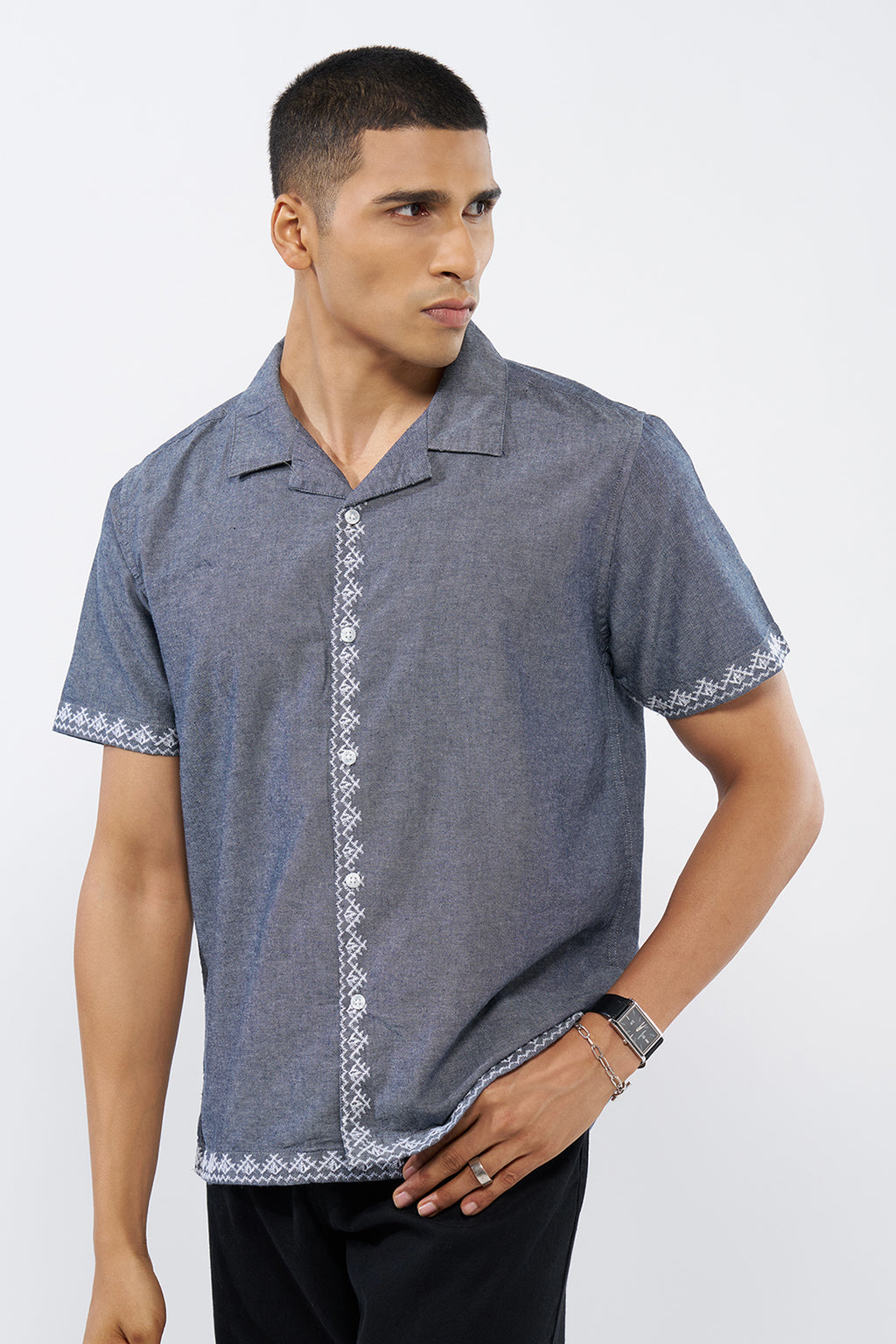 Blue Embroidered Regular Fit Shirt for Men - Image 2