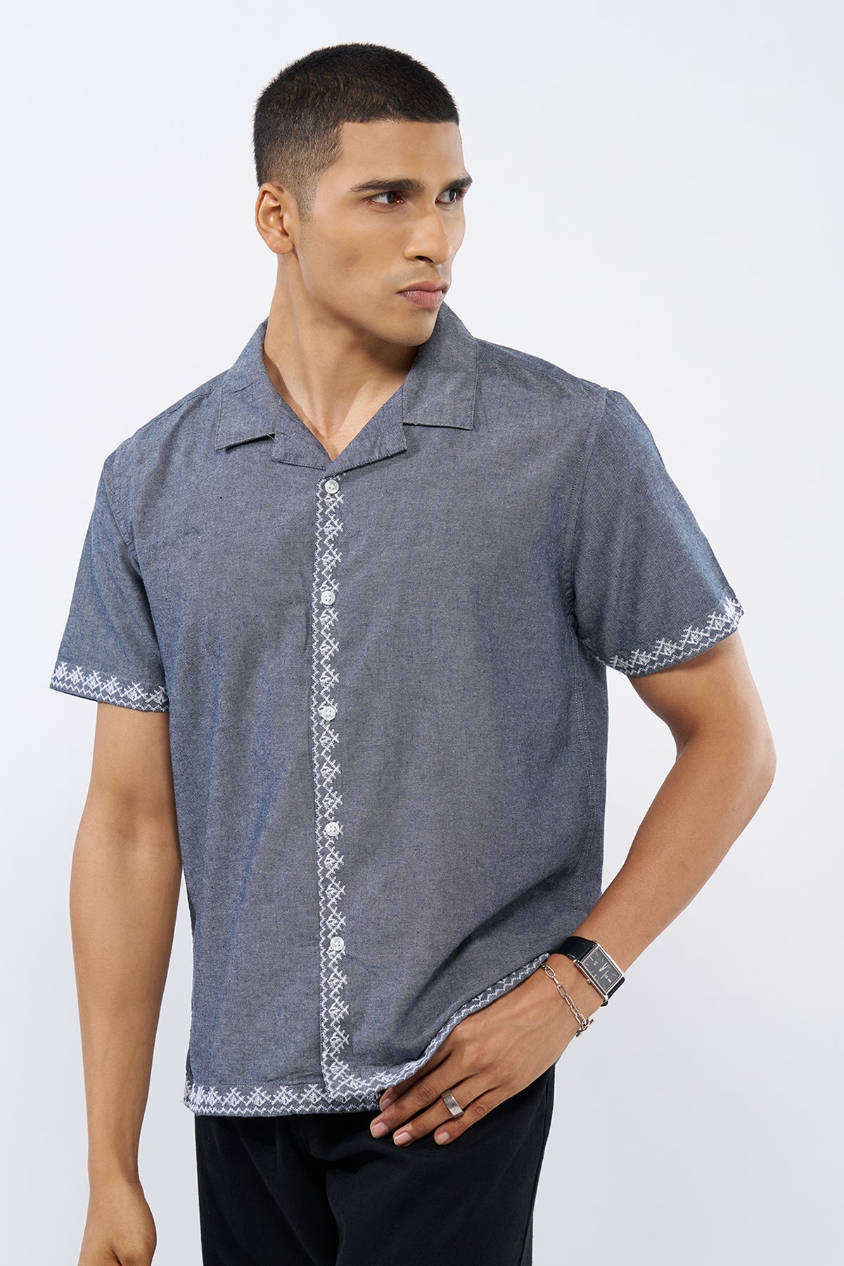 Blue Embroidered Regular Fit Shirt for Men - Image 2