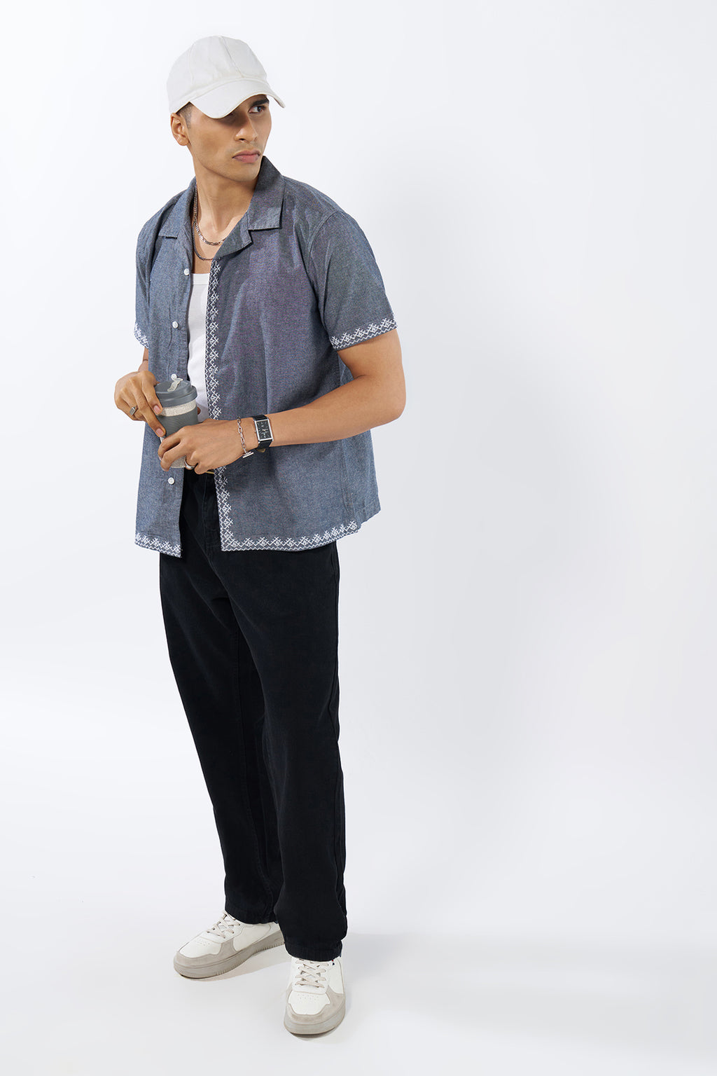 Blue Embroidered Regular Fit Shirt for Men - Image 6