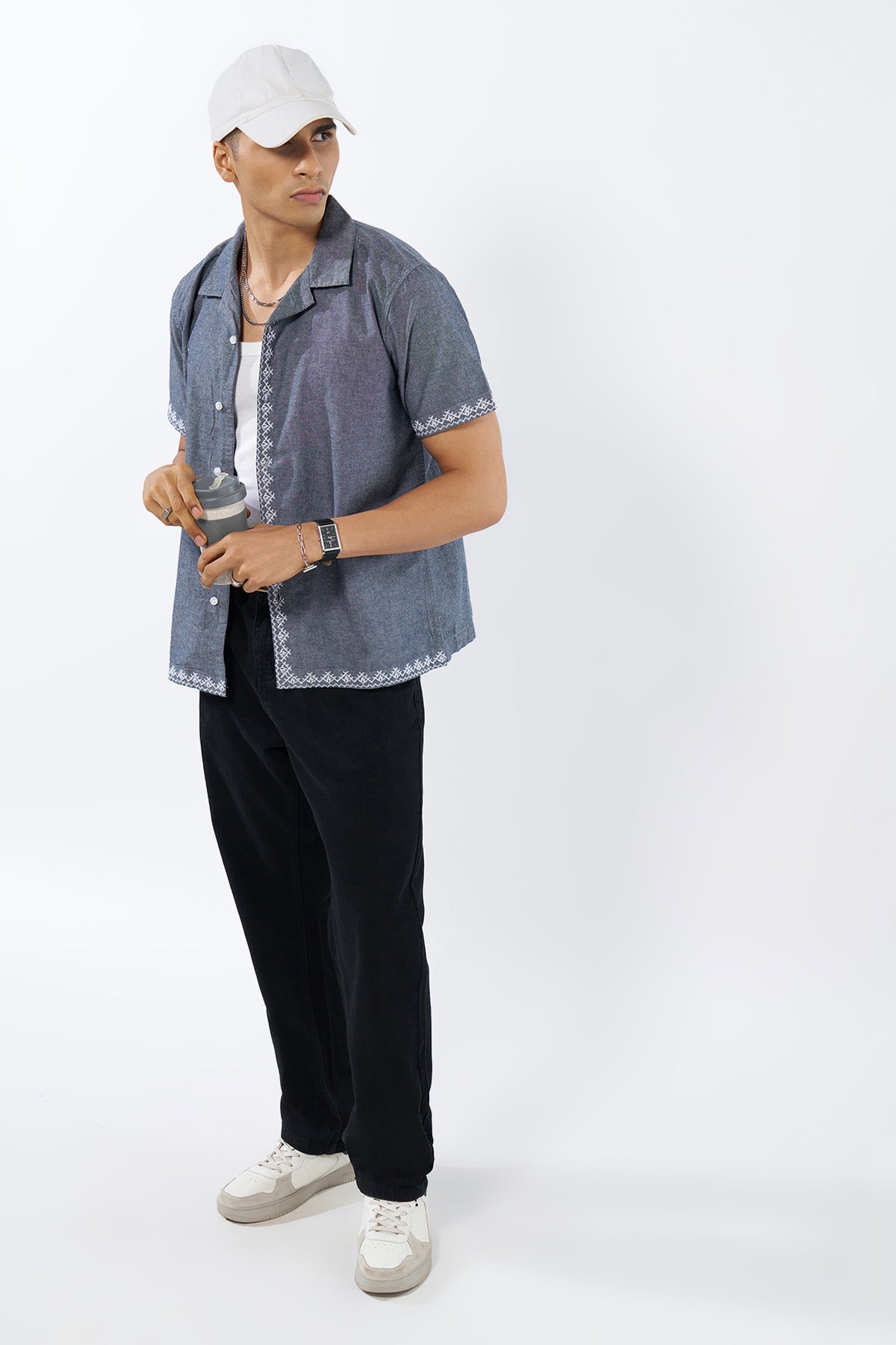 Blue Embroidered Regular Fit Shirt for Men - Image 6